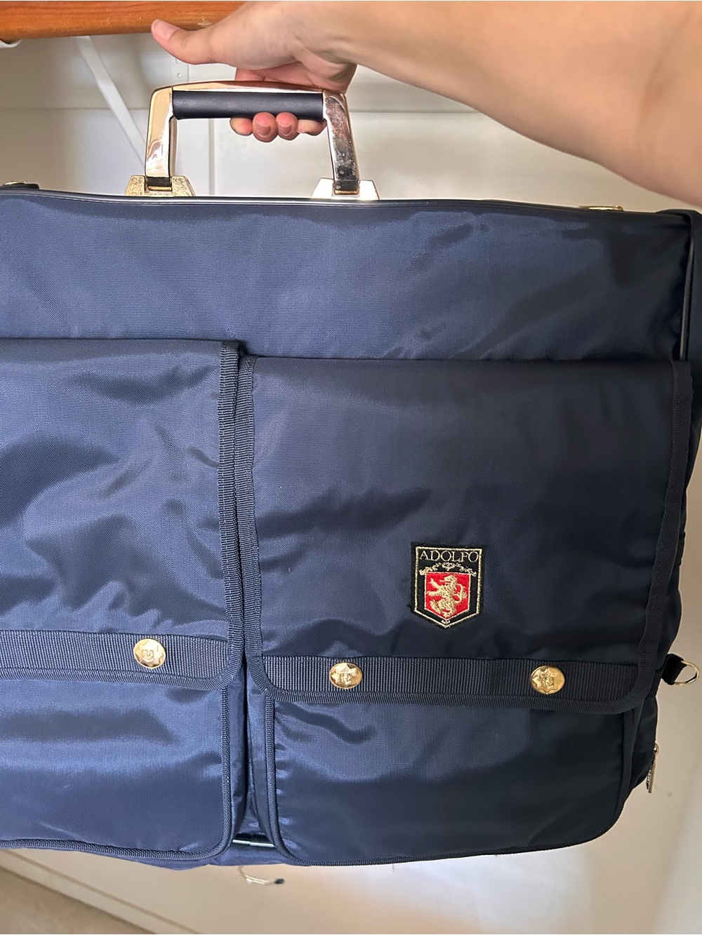 Adolfo Navy Briefcase with Gold Accents and Crest